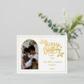 アーチ写真メリークリスマスとホリーオンホワイト 箔シーズンポストカード (立ち正面)