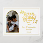 アーチ写真メリークリスマスとホリーオンホワイト 箔シーズンポストカード (正面)