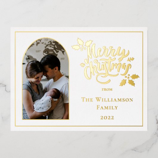 アーチ写真メリークリスマスとホリーオンホワイト 箔シーズンポストカード (正面)