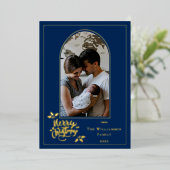 アーチ写真メリークリスマスとDk Blueのホリー 箔シーズンカード (立ち正面)