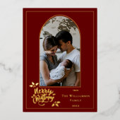 アーチ写真メリークリスマスとDk Red Fのホリー 箔シーズンカード (正面)