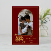 アーチ写真メリークリスマスとDk Red Fのホリー 箔シーズンカード (立ち正面)