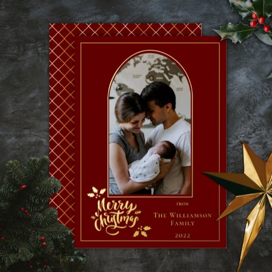 アーチ写真メリークリスマスとDk Red Fのホリー 箔シーズンカード