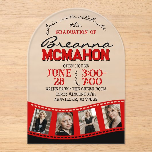 アーチ卒業写真フィルムストリップ赤黒フロステッド アクリル招待状 (正面)