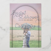 アーチ名門私立校風の手書きハート写真ブライダルシャワー 箔招待状 (正面)