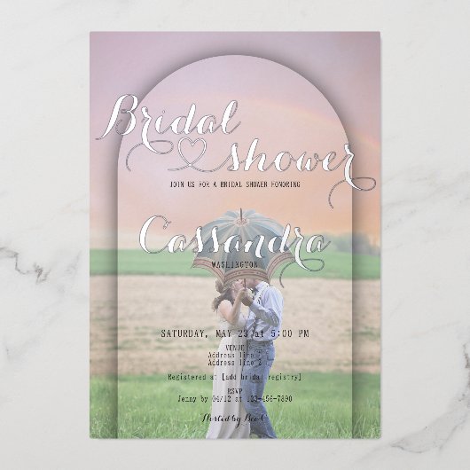 アーチ名門私立校風の手書きハート写真ブライダルシャワー 箔招待状 (正面)