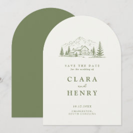 アーチ型のセージグリーンの山の結婚式のSave the Date 招待状