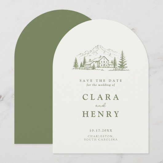 アーチ型のセージグリーンの山の結婚式のSave the Date 招待状 (正面/裏面)