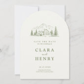 アーチ型のセージグリーンの山の結婚式のSave the Date 招待状 (正面)