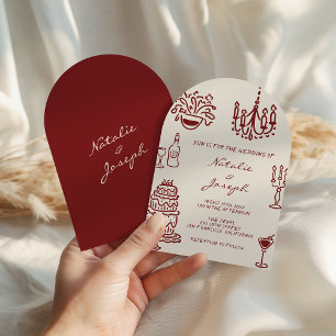 アーチ型のブルゴーニュ ロマンティックな夢のある結婚式 招待状