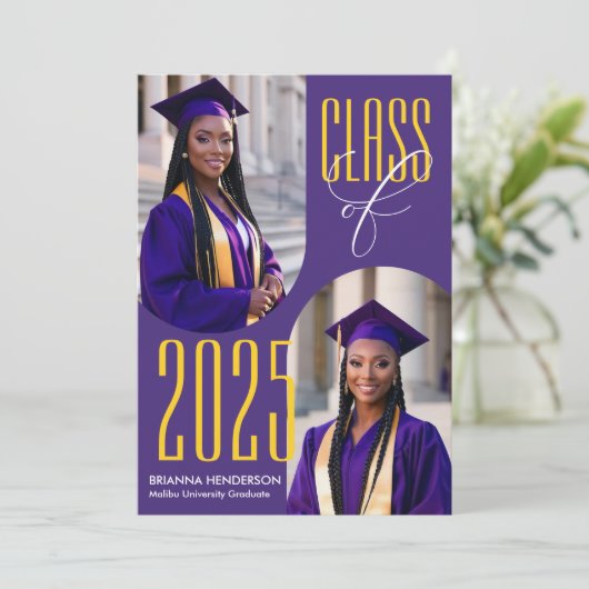 アーチ型の写真による紫と黄の卒業 招待状 (スタンド正面)
