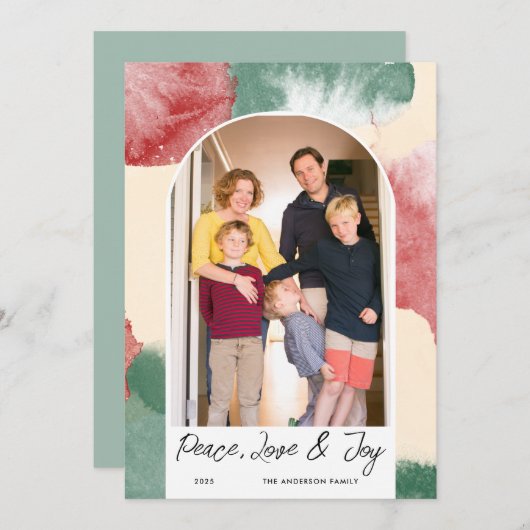 アーチ型の写真を使った抽象的な水彩画のピースラブ&ジョイ シーズンカード (正面/裏面)