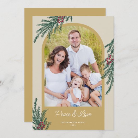 アーチ型の写真を使った、冬の緑豊かな平和と愛のクリスマスカード シーズンカード (正面/裏面)