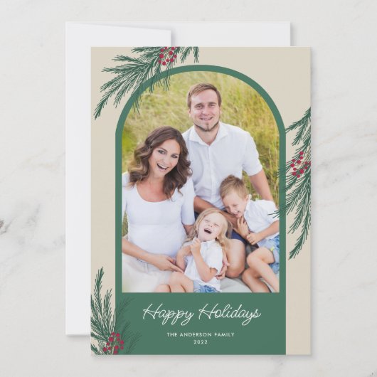 アーチ型の写真　冬の緑　楽しいホリデーシーズン シーズンカード (正面)