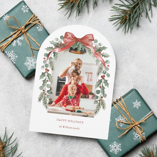 アーチ型の水彩クリスマスリボンとヒイラギの写真 シーズンカード