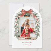 アーチ型の水彩クリスマスリボンとヒイラギの写真 シーズンカード (正面)