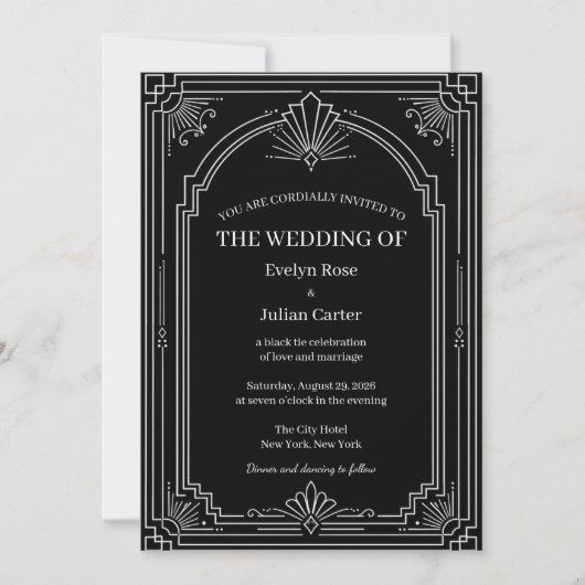 アーチ型オニキスブラックアールデコ結婚式招待状 (正面)