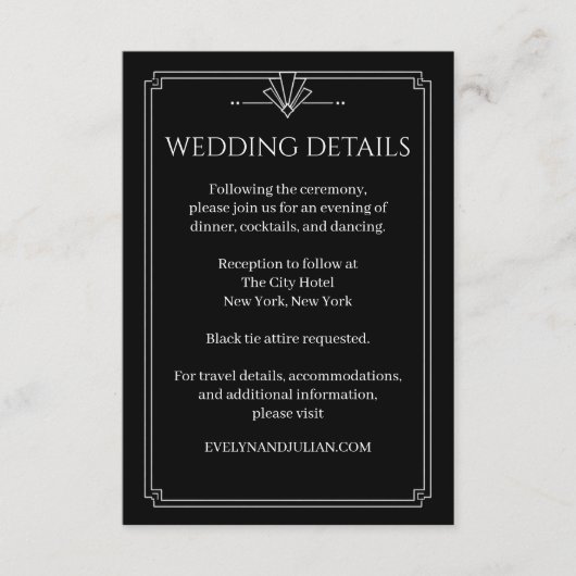 アーチ型オニキスブラックアールデコ結婚式詳細 エンクロージャーカード (正面)