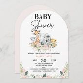アーチ型ピンクのフローラサファリ動物ベビーシャワー 招待状 (正面/裏面)
