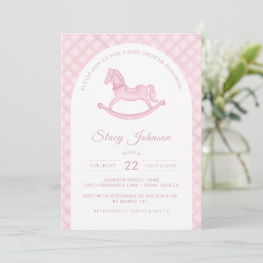 アーチ型ピンクのロッキング馬の女の子ベビーシャワー招待状 招待状 (スタンド正面)