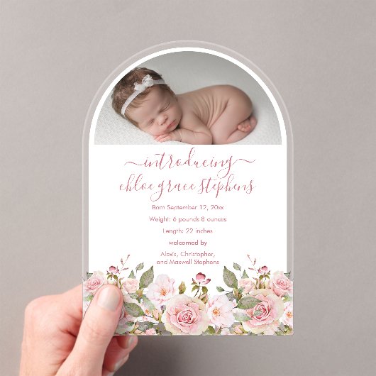 アーチ型フォトピンクフローラ少女誕生発表 アクリル招待状 (インサイチュ (ポータブル))