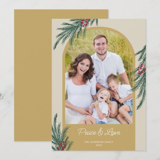 アーチ型フォト ウィンター グリーン ピース＆ラブ シーズンカード (正面/裏面)