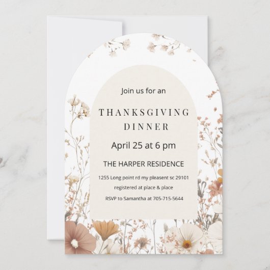 アーチ型フローラ感謝祭ディナーニュートラル 招待状 (正面)