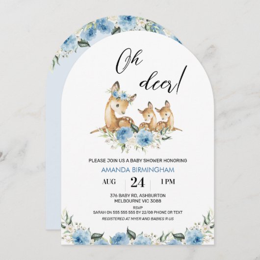 アーチ型ブルーフローラオーディアツインベビーシャワー 招待状 (正面/裏面)