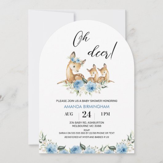 アーチ型ブルーフローラオーディアツインベビーシャワー 招待状 (正面)