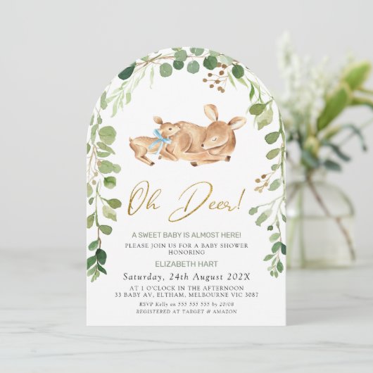 アーチ型ブルーボウOh鹿ベビーシャワー招待状 招待状 (スタンド正面)