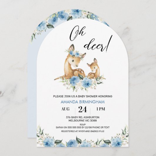 アーチ型ボーイズ青フローラオーディアベビーシャワー 招待状 (正面/裏面)