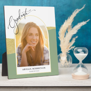 アーチ型モダンフォトセージグリーン&金ゴールド卒業 フォトプラーク