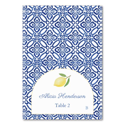 アーチ型レモン青タイル結婚式名札 テーブルナンバー (正面)