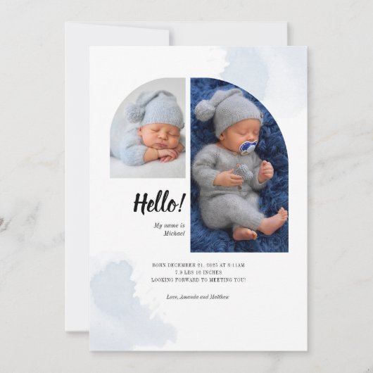 アーチ型赤ちゃん誕生お知らせカード Hello 2枚の写真 (正面)