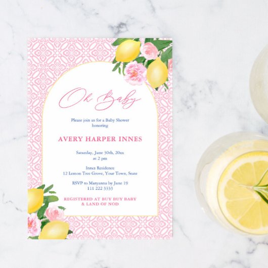 アーチ形のレモン 赤ちゃん女の子のシャワー 招待状