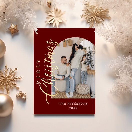 アーチ形バーガンディ写真クリスマスグリーティング 箔シーズンカード