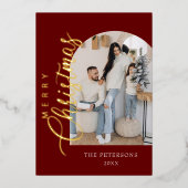 アーチ形バーガンディ写真クリスマスグリーティング 箔シーズンカード (正面)