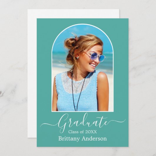 アーチ書道モダン写真ティール(緑がかった色)卒業 案内状 (正面/裏面)