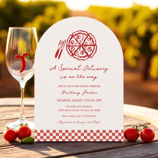 アーチ特別デリバリーピザベビーシャワー 招待状