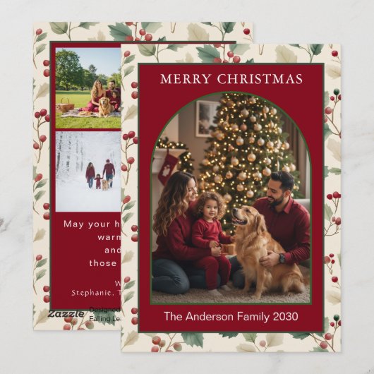 アーチ状のレッドホーリー入りカスタム5枚写真クリスマスカード シーズンカード (正面/裏面)