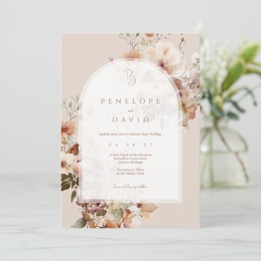 アーチ秋の結婚式招待状 | 赤面と秋花模様 招待状 (スタンド正面)