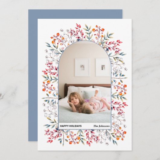 アーチ葉ーとベリー埃の多い青いクリスマス写真 シーズンカード (正面/裏面)