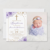 アーチ金ゴールドグリッターパープルフローラガールバプティスフォト 招待状 (正面)