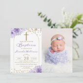 アーチ金ゴールドグリッターパープルフローラガールバプティスフォト 招待状 (スタンド正面)