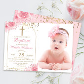 アーチ金ゴールドグリッターピンクフローラガールバプティスフォト 招待状