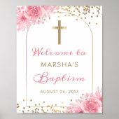 アーチ金ゴールドグリッターピンクフローラバプテスムウェルカムサイン ポスター (正面)