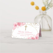 アーチ金ゴールドグリッターピンクフローラファースト聖餐式 プレイスカード (裏面)