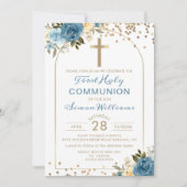 アーチ金ゴールドダスキーブルーフローラファーストホーリーコミュニオン 招待状 (正面)