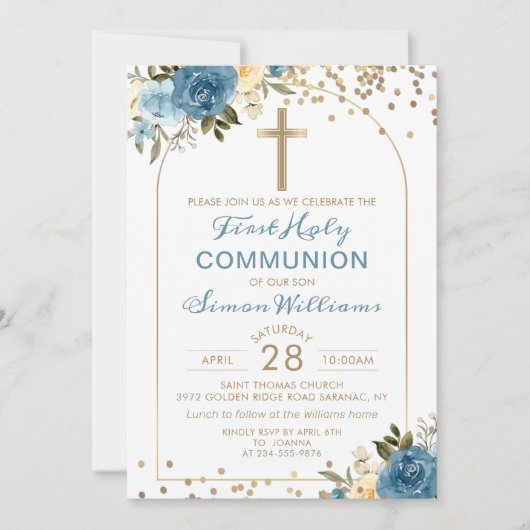 アーチ金ゴールドダスキーブルーフローラファーストホーリーコミュニオン 招待状 (正面)