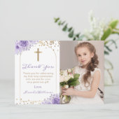 アーチ金ゴールドパープルフローラ最初の聖餐式の写真 サンキューカード (スタンド正面)